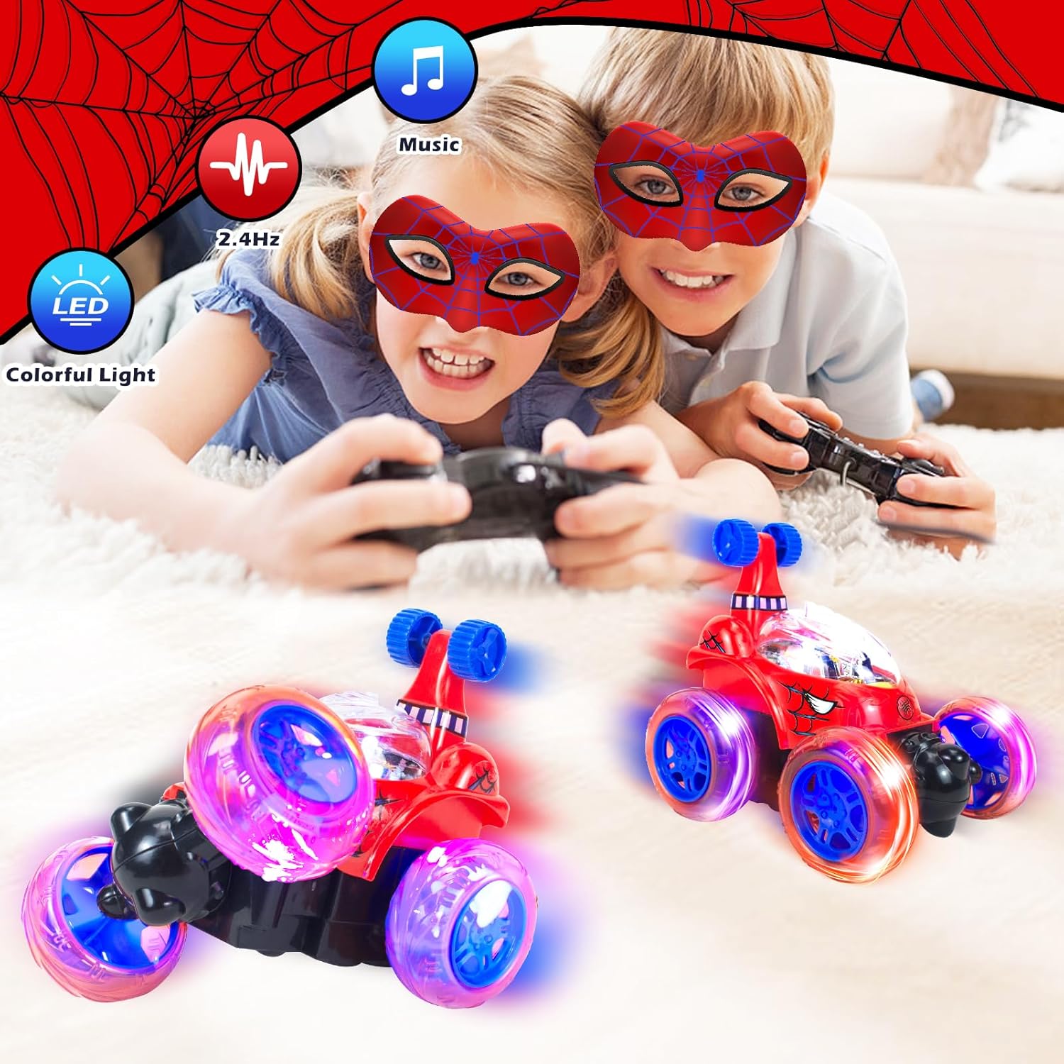Spider Rc Cars, Remote Control Car for Boys 4-7 8-12 Stunt Rc Monster Trucks with 360 Flips &amp; 3D Lights &amp; Music, Car Toys for Kids Toddlers Birthday Gift