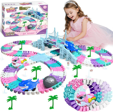 Toys for 3-8 Year Old Girls: Unicorn Car Race Magic Tracks for Toddlers, Car Games for Kids Ages 3-5, Gifts for 4 5 6 7 8 Years Old Girls Presents - Flexible RaceTracks with 2 Electric Cars