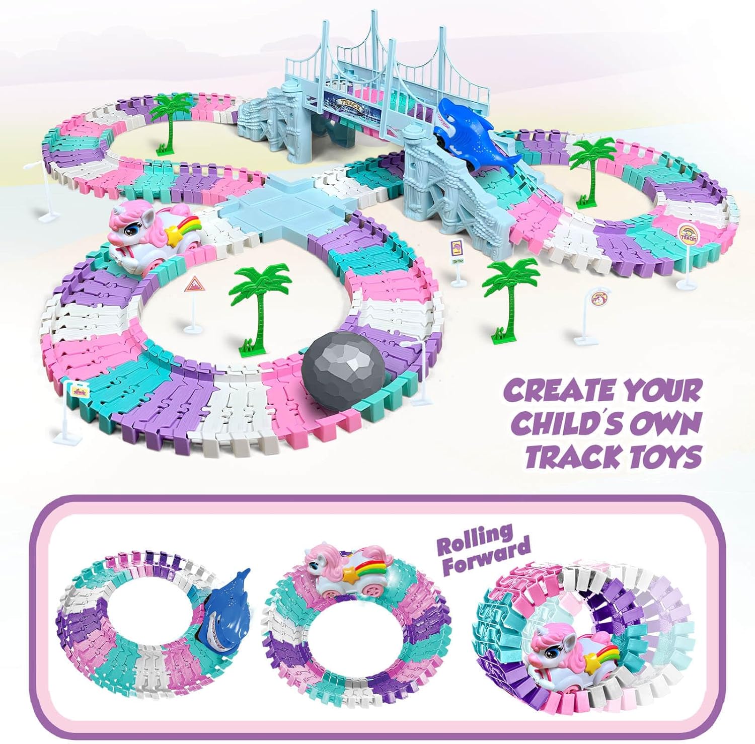 Toys for 3-8 Year Old Girls: Unicorn Car Race Magic Tracks for Toddlers, Car Games for Kids Ages 3-5, Gifts for 4 5 6 7 8 Years Old Girls Presents - Flexible RaceTracks with 2 Electric Cars