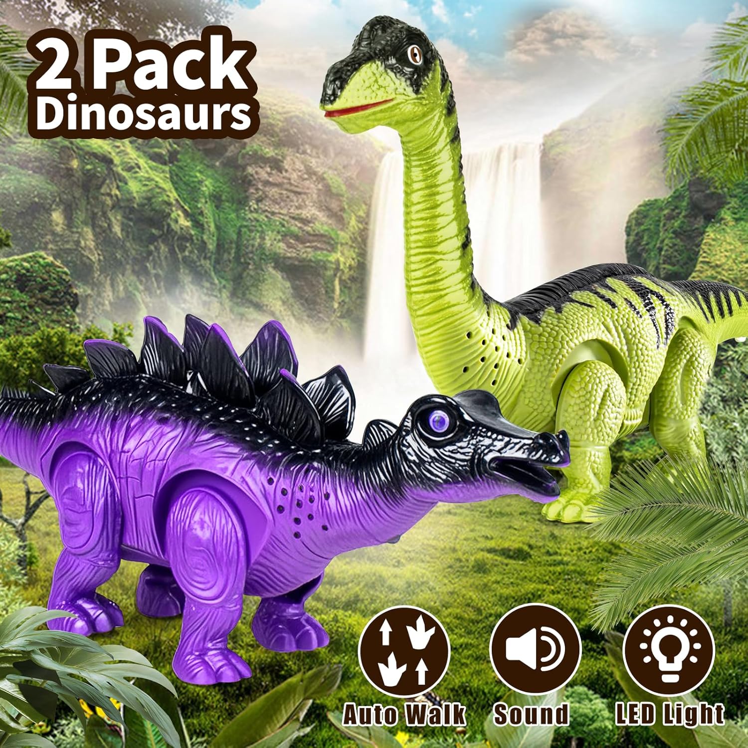 2 Pack Dinosaur Toys for Kids 3-5 6 7 Years Old, Electric Walking Robot Dinosaur with LED Lights &amp; Sounds &amp; Roaring, Dragon Toys Birthday Gift for Boys Girls Toddlers