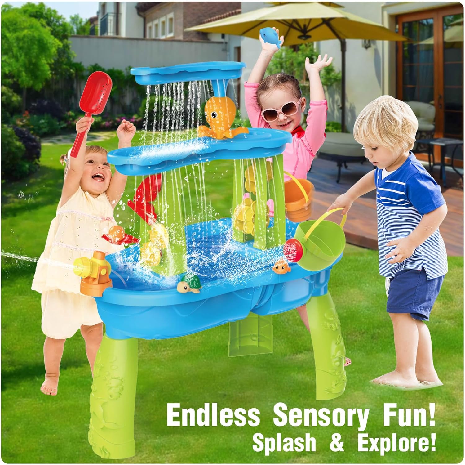 3-Tier Water Table for Toddlers with Pump, Table Cover - Sand Activity Sensory Playset, Summer Outdoor Outside Pool Backyard Beach Toys for Kids Age 1 2 3 4 5 8 Year Old Boys Girls