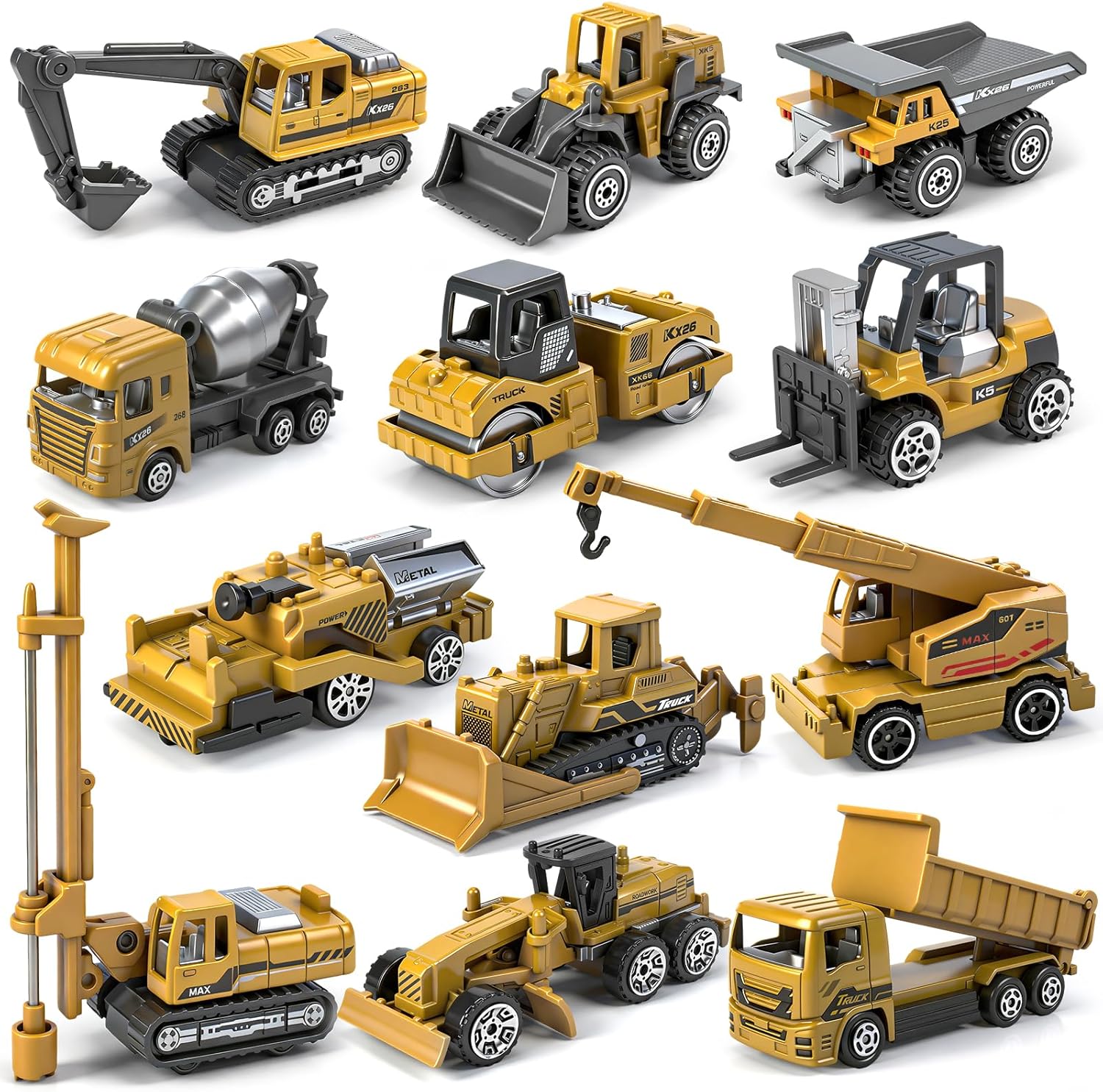 12 Pack Diecast Construction Toys, Mini Alloy Model Excavator Toy Construction Truck Toys for 3 4 5 6 7 8 Year Old Kids Toddlers, Toy Cars for Kids Birthday Cake Decorations Party Favors