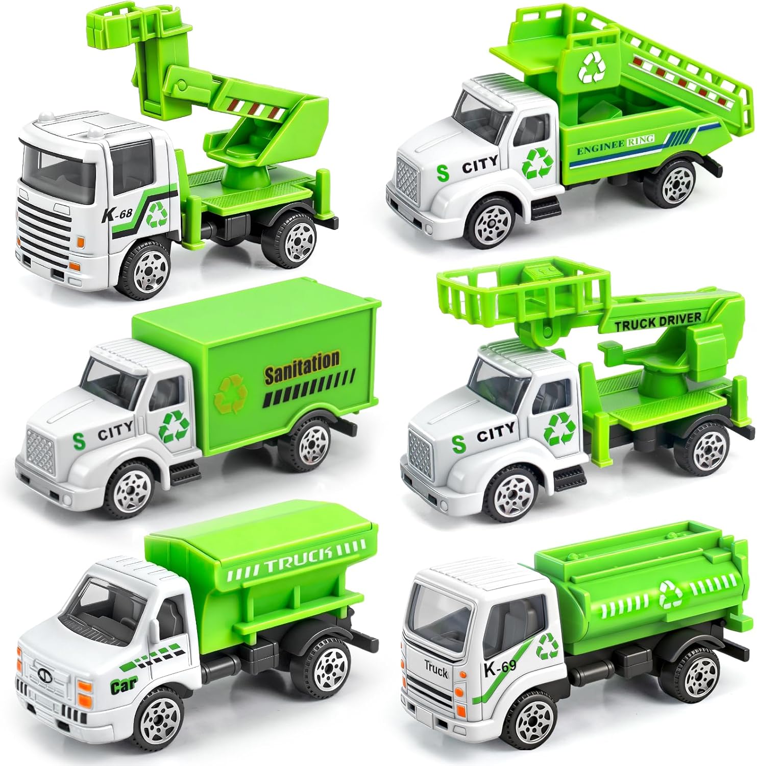 6 Pack Diecast Garbage Truck Toys, Mini Alloy Trash Truck Kids Play Vehicles Set Cars Toys for Toddlers Boys Ages 3 4 5 6 7 Years Old Birthday Gift &amp; Party Favors &amp;Goodie Bag Stuffers