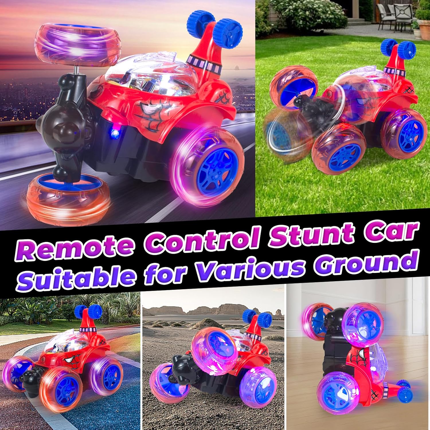 Spider Rc Cars, Remote Control Car for Boys 4-7 8-12 Stunt Rc Monster Trucks with 360 Flips &amp; 3D Lights &amp; Music, Car Toys for Kids Toddlers Birthday Gift
