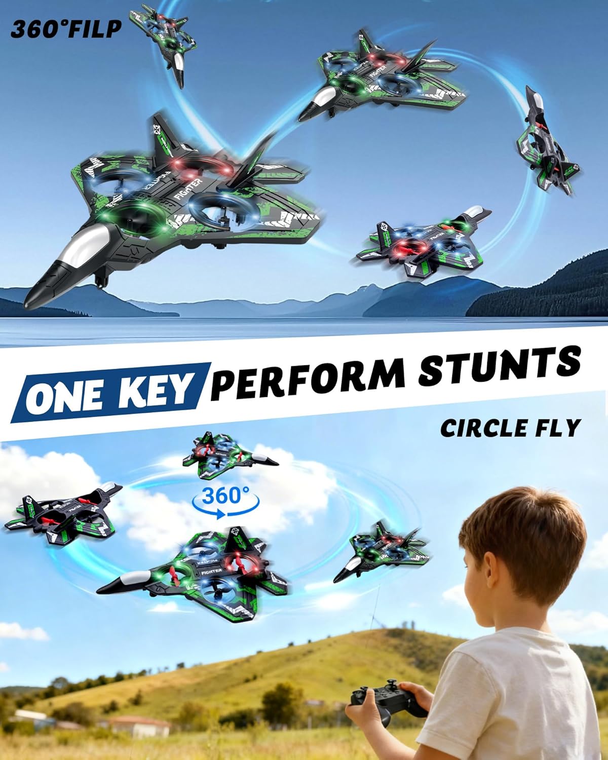 Form RC Plane Drones for Kids, Remote Control Airplane, Aircrafts for Boys and Girls, Jet Helicopter Drones with LED Lights 360° Flip, 2 Rechargeable Batteries (Green)