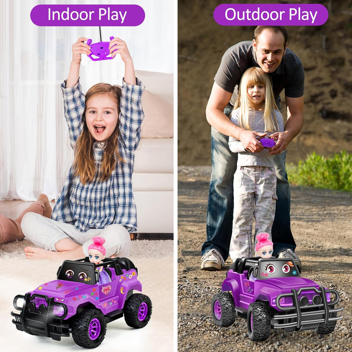 Remote Control Car, Purple Rc Truck with DIY Stickers and Doll for Girls Toddlers, 1:20 Scale RC Truck All Terrain Trucks, Rc Car Toys Gift for Kids Age 3 4 5 6-12 Birthday