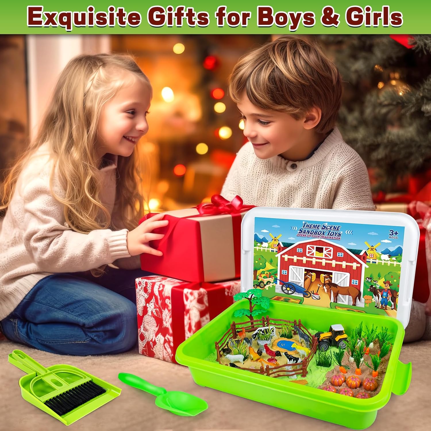 Sensory Bin, 59 Pcs Farm Sensory Sand Box Kits with Sandbox &amp; Farm Animals &amp; Tractor Playset, Play Sand Art Kit Magic Sand Toys for Boys Girls Toddlers Birthday Gift for Kids