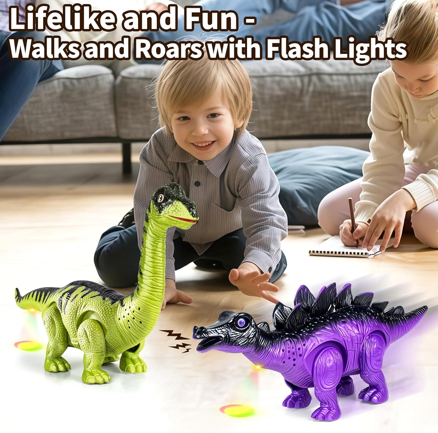 2 Pack Dinosaur Toys for Kids 3-5 6 7 Years Old, Electric Walking Robot Dinosaur with LED Lights &amp; Sounds &amp; Roaring, Dragon Toys Birthday Gift for Boys Girls Toddlers