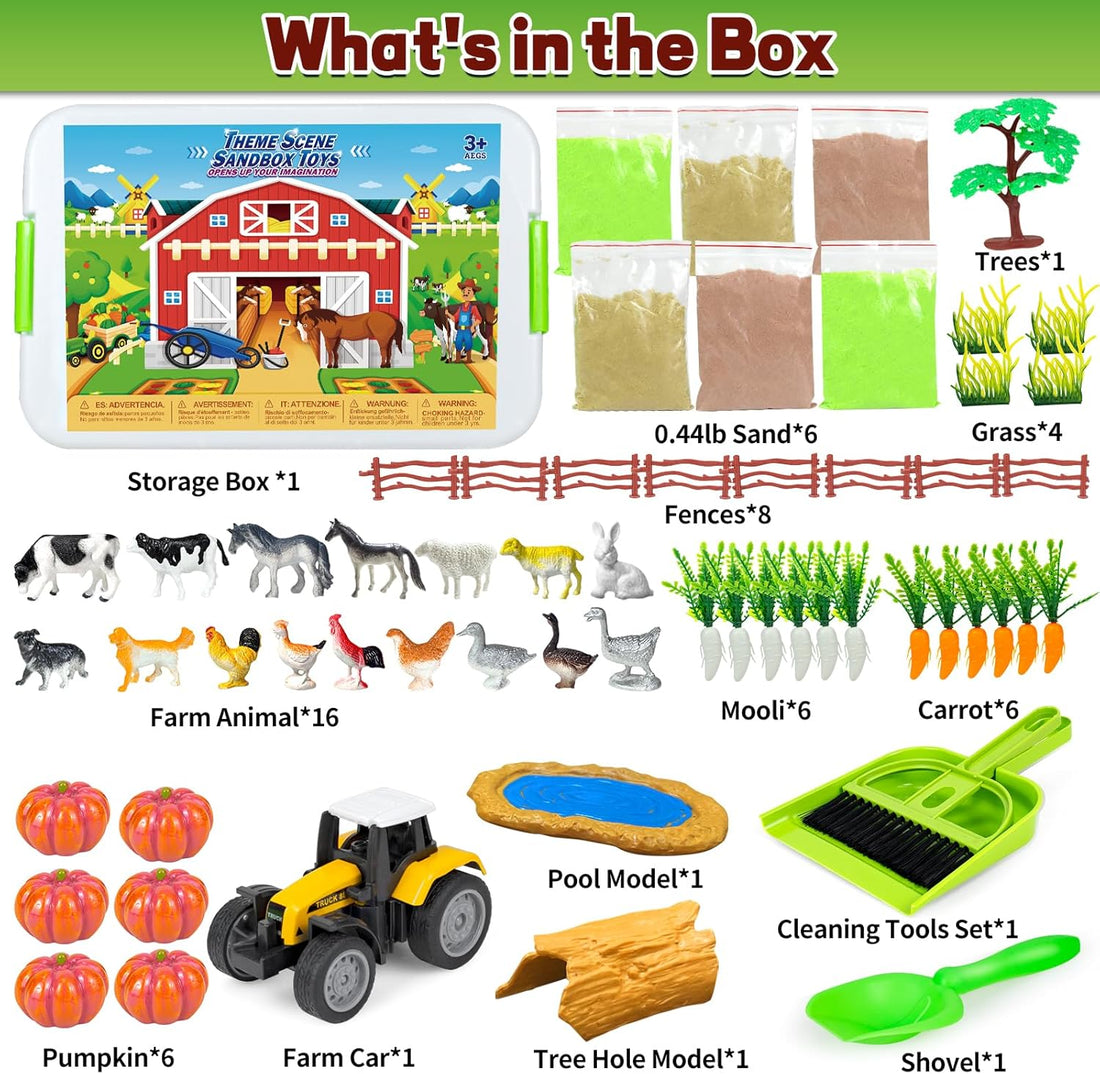 Sensory Bin, 59 Pcs Farm Sensory Sand Box Kits with Sandbox &amp; Farm Animals &amp; Tractor Playset, Play Sand Art Kit Magic Sand Toys for Boys Girls Toddlers Birthday Gift for Kids