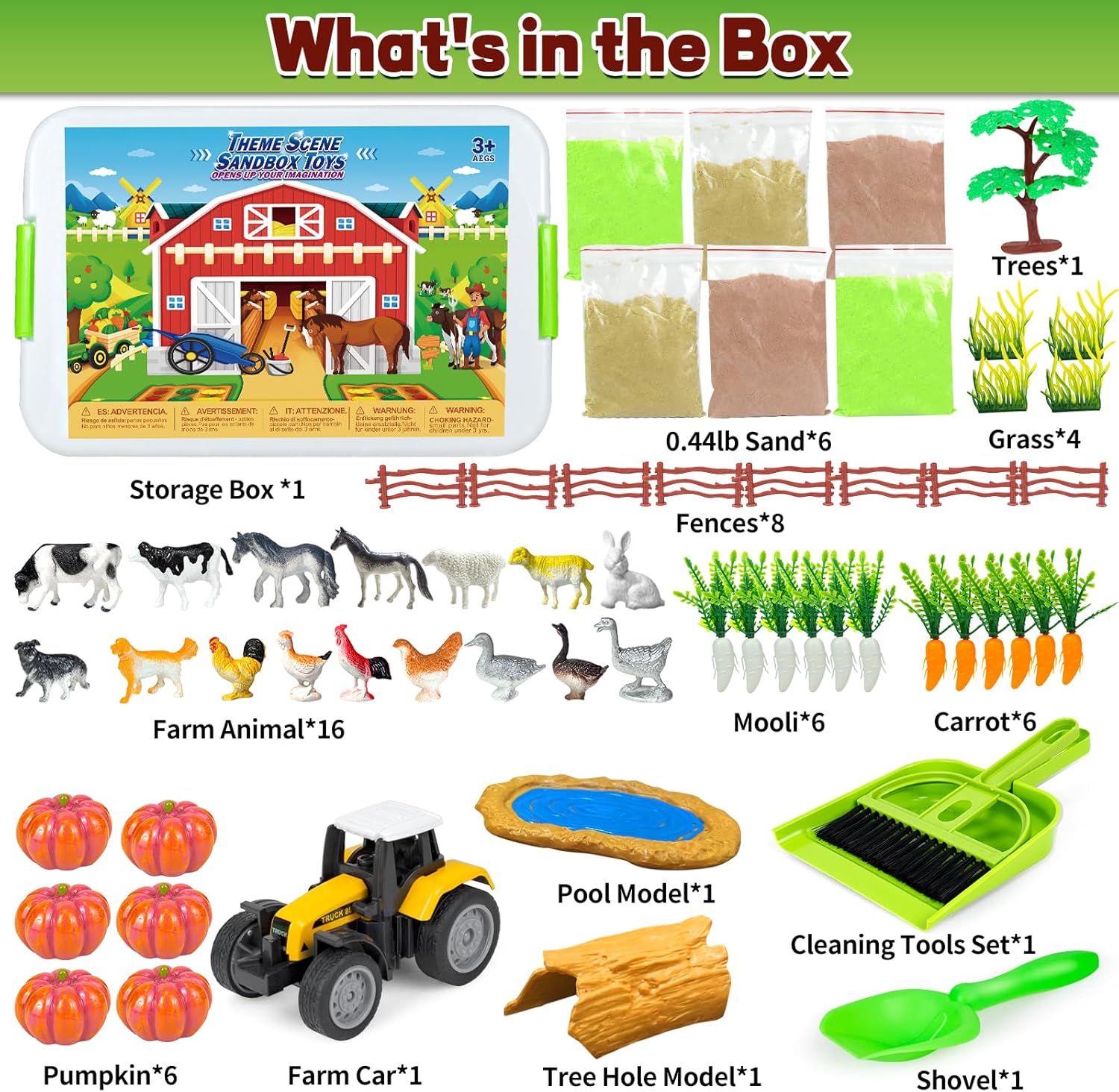 Sensory Bin, 59 Pcs Farm Sensory Sand Box Kits with Sandbox &amp; Farm Animals &amp; Tractor Playset, Play Sand Art Kit Magic Sand Toys for Boys Girls Toddlers Birthday Gift for Kids