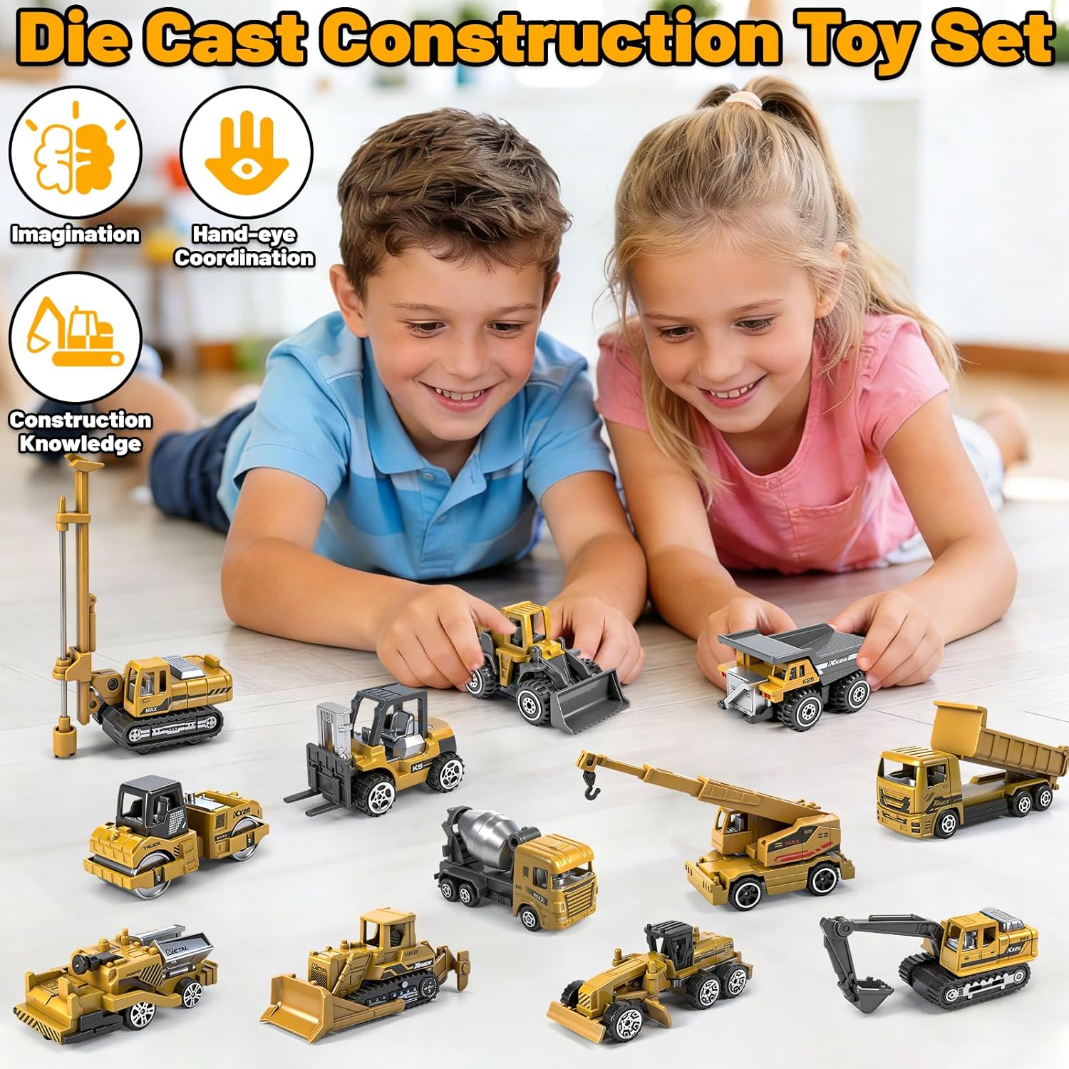 12 Pack Diecast Construction Toys, Mini Alloy Model Excavator Toy Construction Truck Toys for 3 4 5 6 7 8 Year Old Kids Toddlers, Toy Cars for Kids Birthday Cake Decorations Party Favors