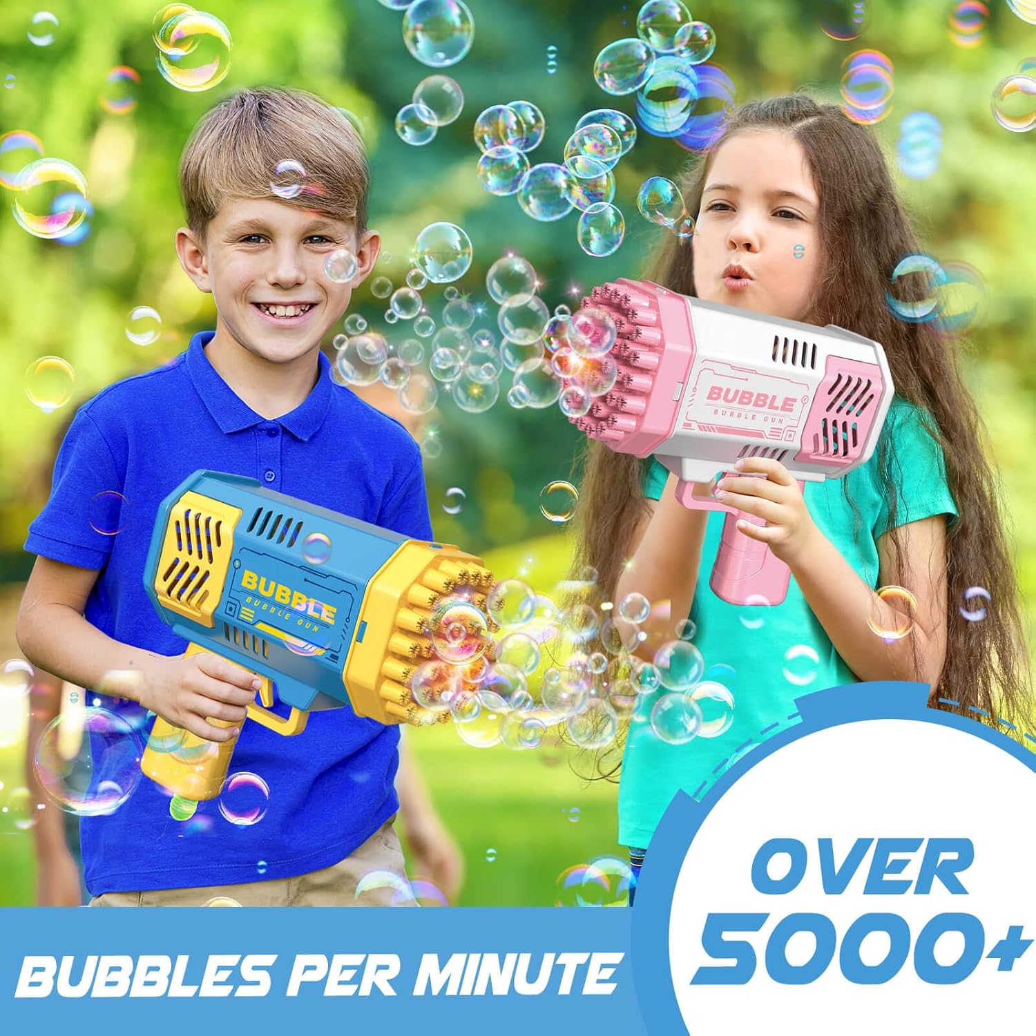 Bubble Gun 2 Pack with 2 Bottles Bubble Solution, 40-Hole Light Up Dip Bubble Machine for Kids, Bubble Toy for 3 4 5 6 7 8 Years Old Boys Outdoor Indoor Kid Birthday Wedding Party(Blue&amp;Pink)