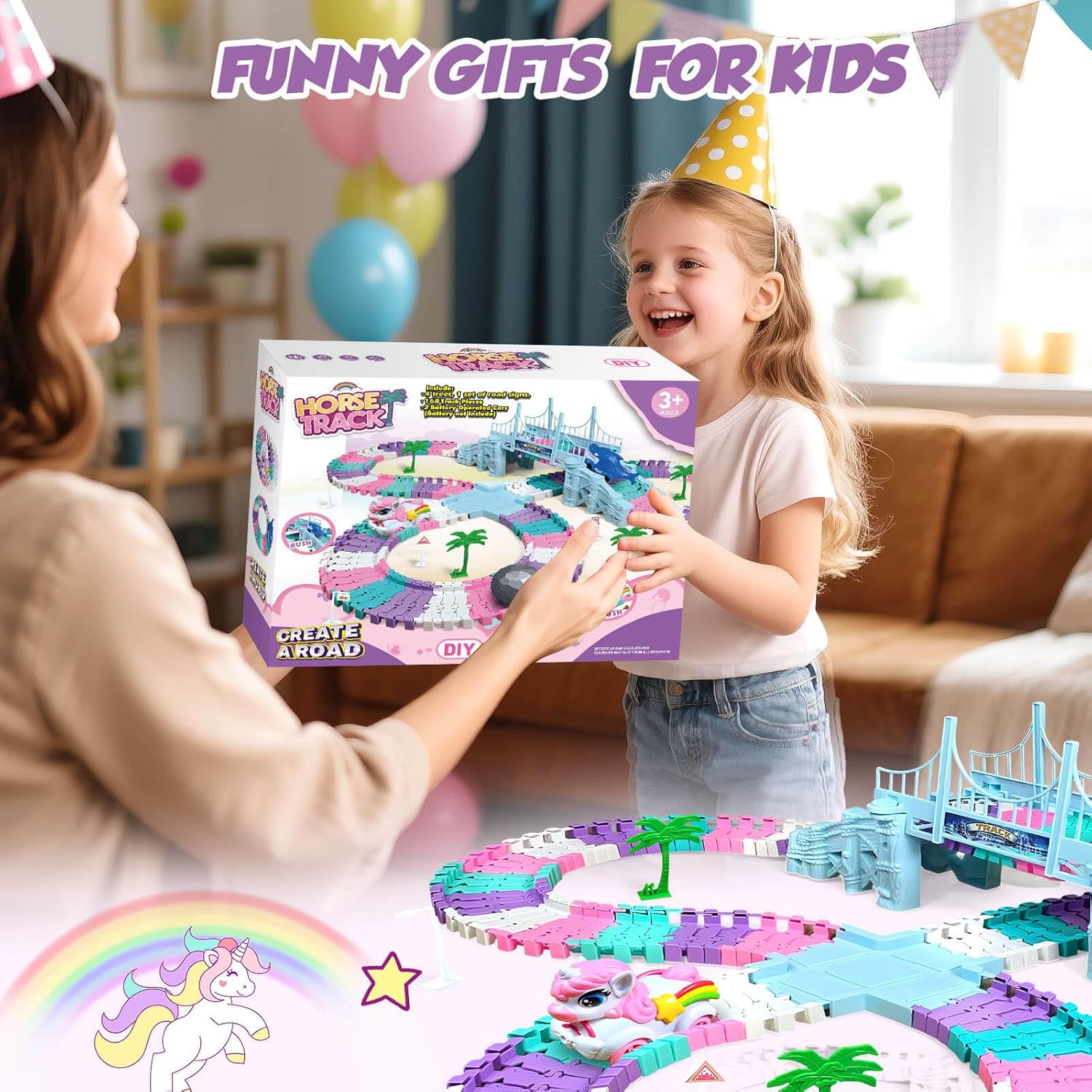 Toys for 3-8 Year Old Girls: Unicorn Car Race Magic Tracks for Toddlers, Car Games for Kids Ages 3-5, Gifts for 4 5 6 7 8 Years Old Girls Presents - Flexible RaceTracks with 2 Electric Cars