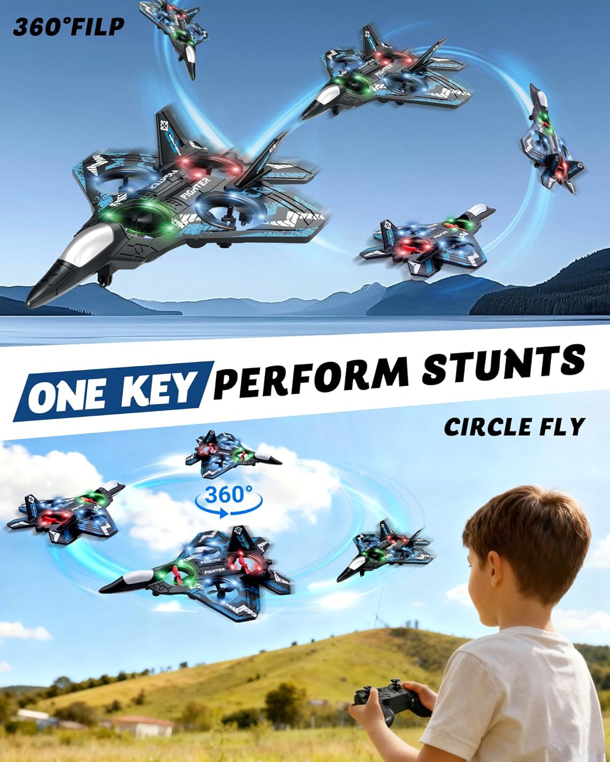 Drones for Kids Form RC Plane, Remote Control Airplane, Aircrafts Toys for Boys and Girls, Jet Helicopter Drones with LED Lights 360° Flip, Gifts for 6 8 10 Year Old Boys 2 Rechargeable Batteries