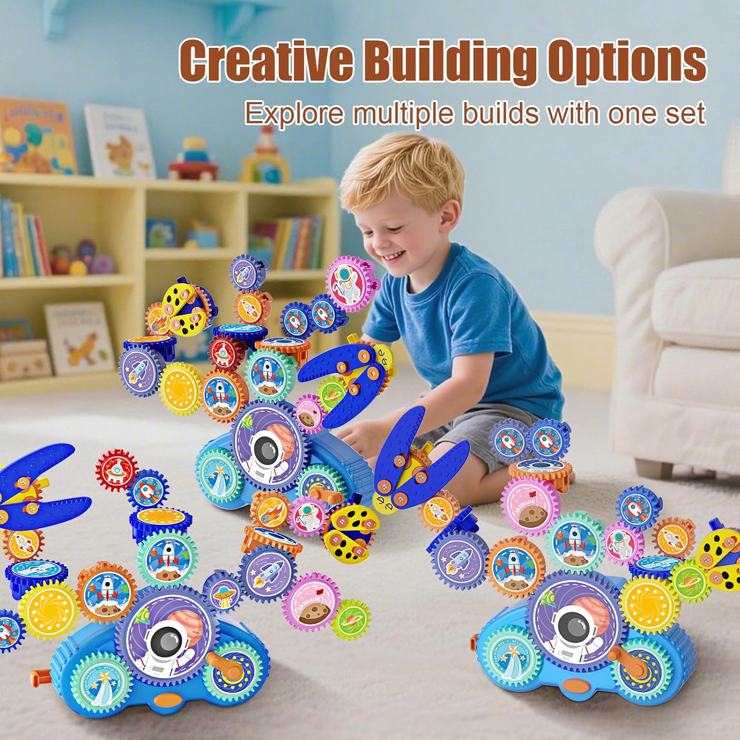 STEM Gears Toys for Kids Ages 3+, Creative Learning Building Blocks, 18Pcs Educational Construction Toy Set, Electric &amp; Manual Dual Mode, Versatile Gear Playset Gift for Boys &amp; Girls