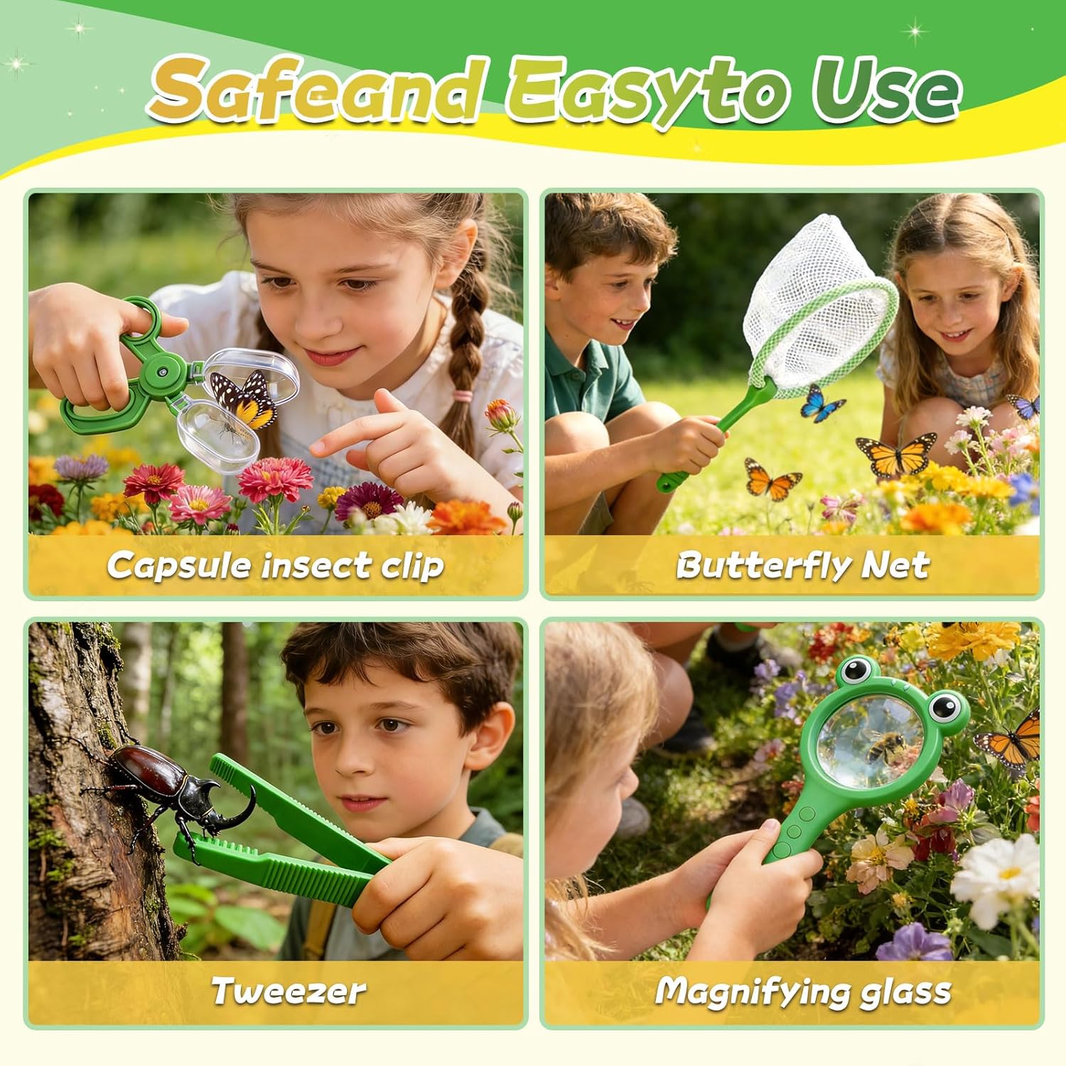 Bug Catcher for Kids, 28 PCS Outdoor Explorer Kit with Magnifier Glass Bug Collector Toy Butterfly Net Catcher Tweezers Insect Cognition Cards, Outdoor Toys for Kids Ages 4-8 Boys Girls