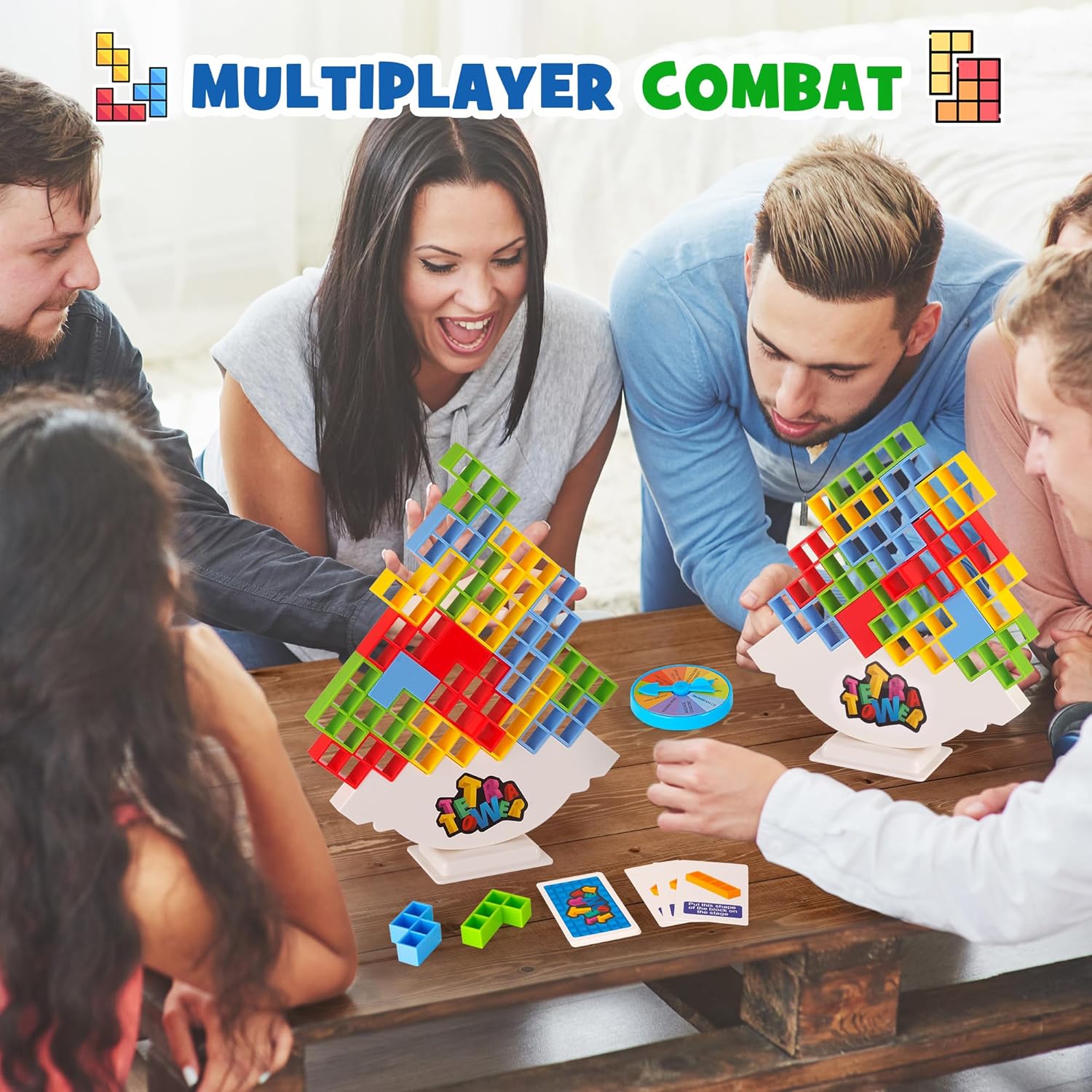 WOWNOVA 64PCS Deluxe Tetra Tower Game for Family Game Night, Balance Stacking Blocks Tower Board Game for Fun Party Games, Stacking Game for Kids &amp; Adults, with Prize Wheel&amp;Cute Clear Storage Box