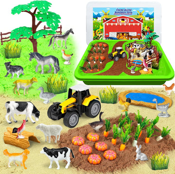 Sensory Bin, 59 Pcs Farm Sensory Sand Box Kits with Sandbox &amp; Farm Animals &amp; Tractor Playset, Play Sand Art Kit Magic Sand Toys for Boys Girls Toddlers Birthday Gift for Kids